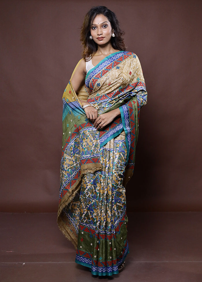 Cream Handloom Tussar Pure Silk Saree With Blouse Piece