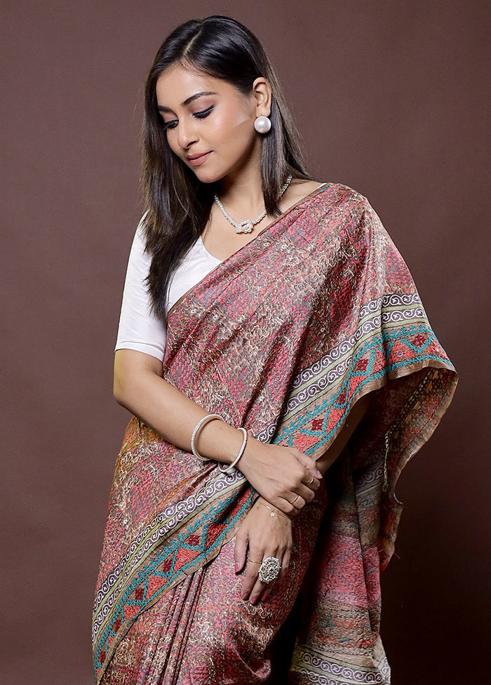 Brown Handloom Tussar Pure Silk Saree With Blouse Piece