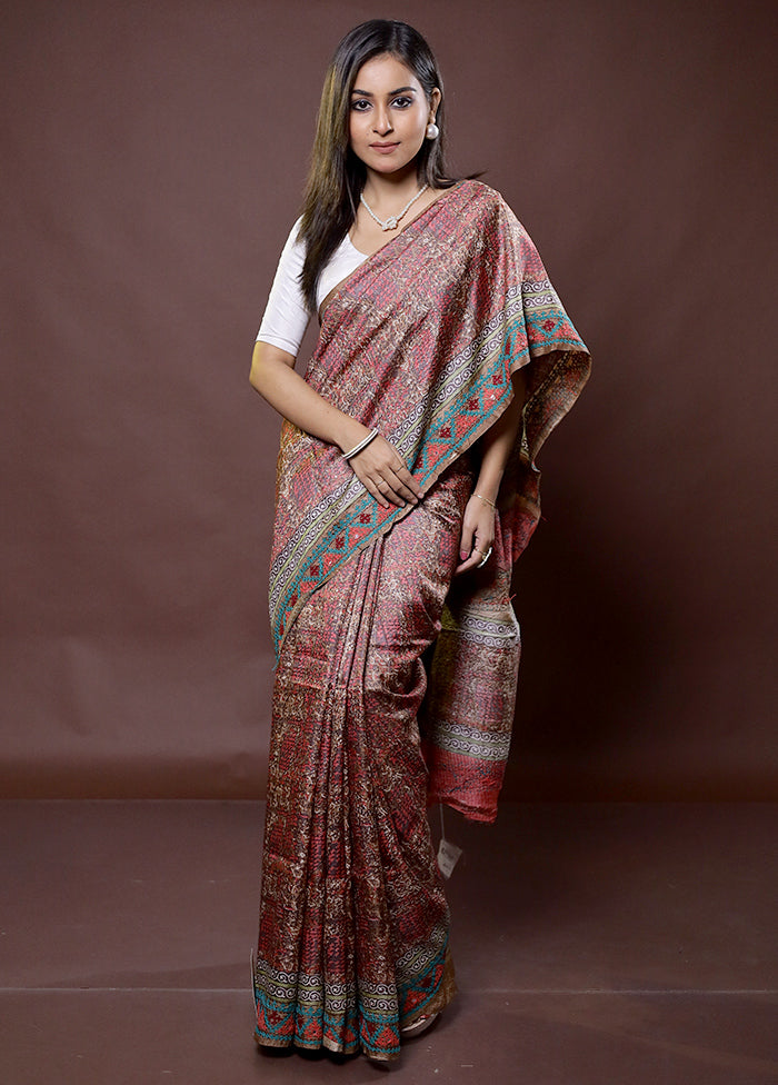 Brown Handloom Tussar Pure Silk Saree With Blouse Piece