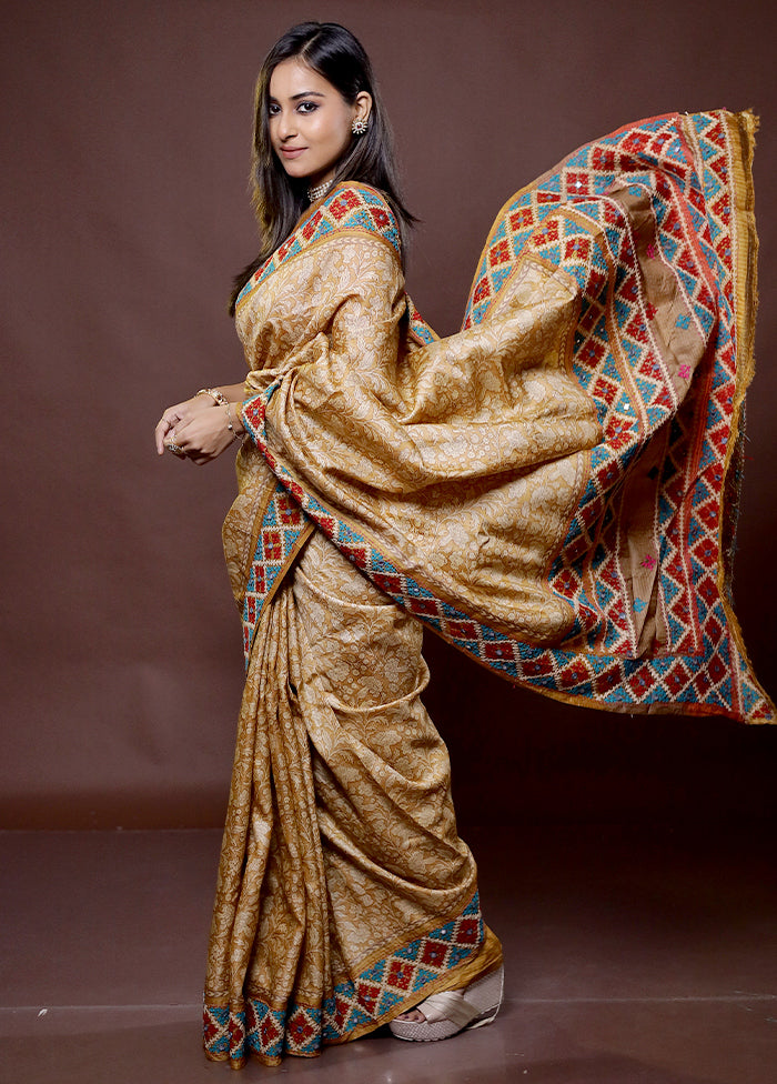 Brown Handloom Tussar Pure Silk Saree With Blouse Piece