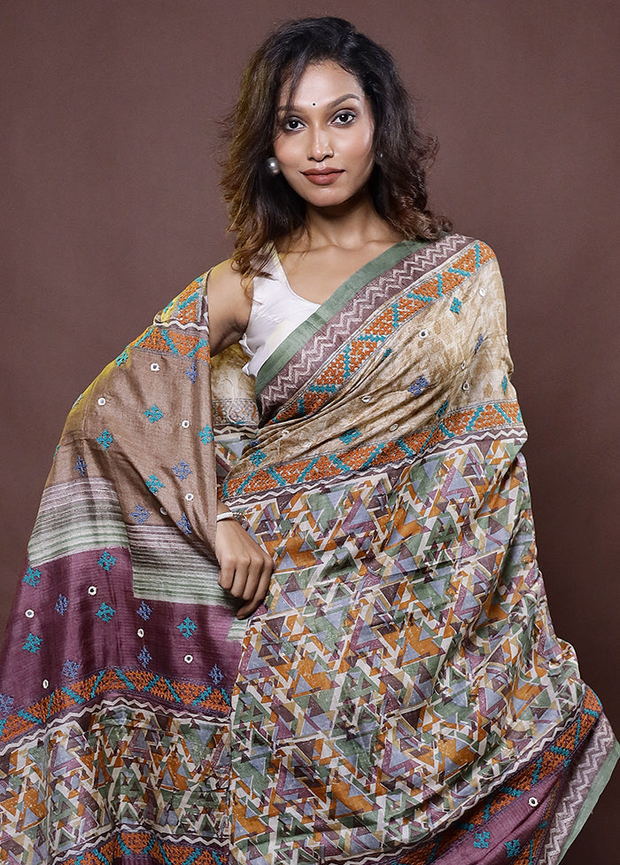 Multicolor Handloom Tussar Pure Silk Saree With Blouse Piece