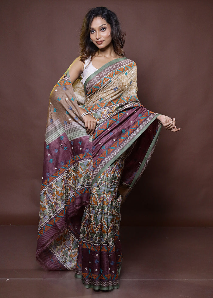 Multicolor Handloom Tussar Pure Silk Saree With Blouse Piece