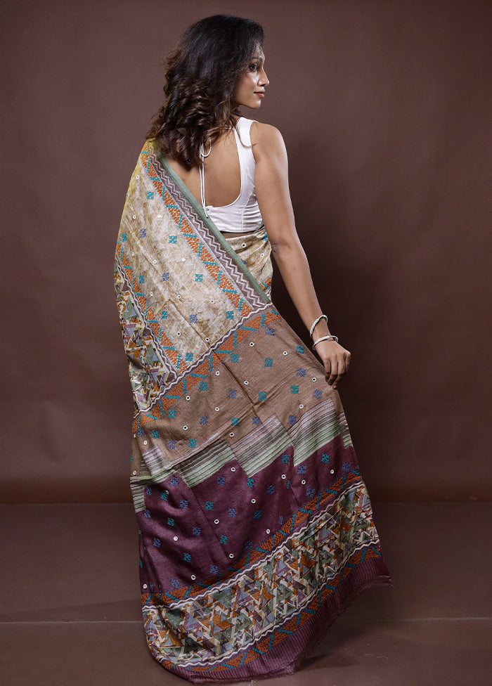 Multicolor Handloom Tussar Pure Silk Saree With Blouse Piece