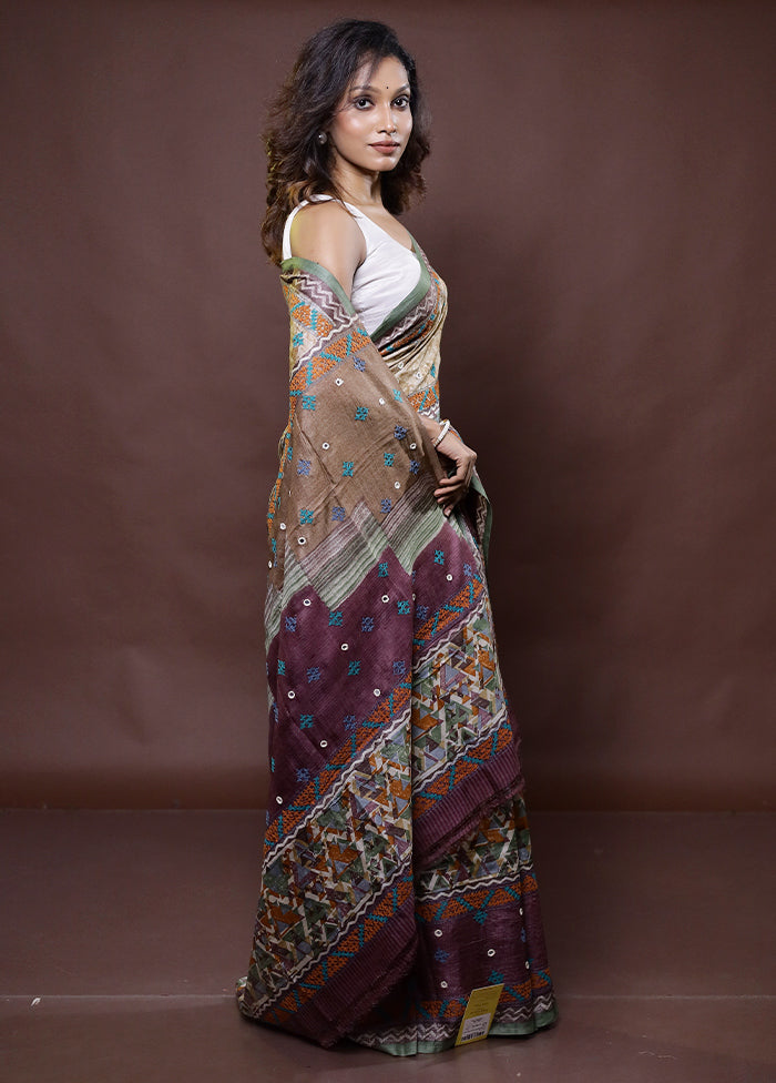 Multicolor Handloom Tussar Pure Silk Saree With Blouse Piece
