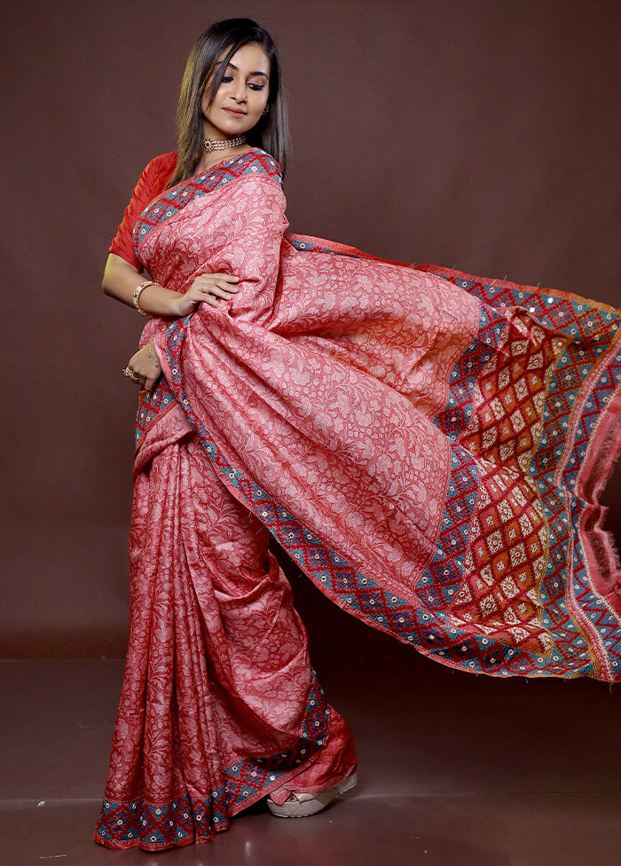 Pink Handloom Tussar Pure Silk Saree With Blouse Piece