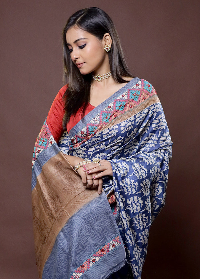 Blue Handloom Tussar Pure Silk Saree With Blouse Piece