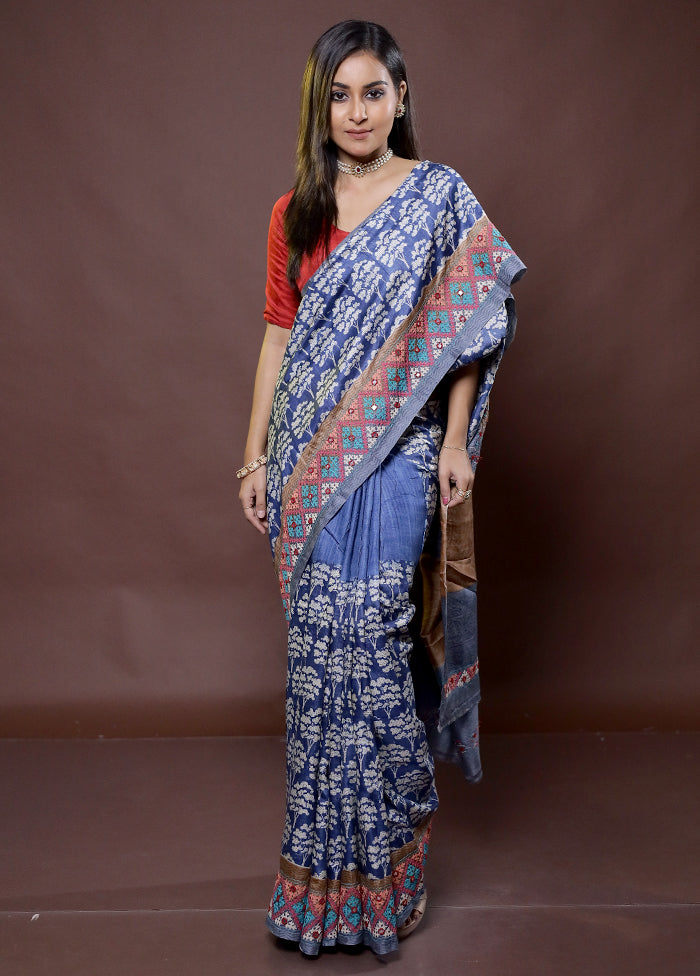 Blue Handloom Tussar Pure Silk Saree With Blouse Piece