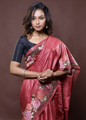 Maroon Handloom Tussar Pure Silk Saree With Blouse Piece