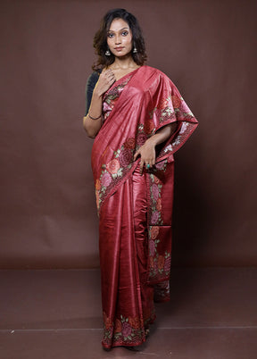 Maroon Handloom Tussar Pure Silk Saree With Blouse Piece