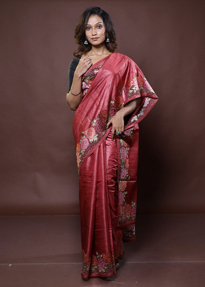 Maroon Handloom Tussar Pure Silk Saree With Blouse Piece