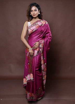 Purple Handloom Tussar Pure Silk Saree With Blouse Piece