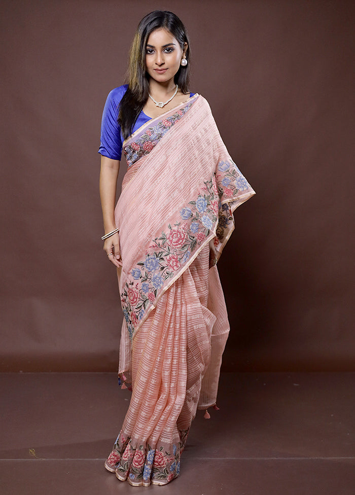 Pink Handloom Pure Organza Saree With Blouse Piece