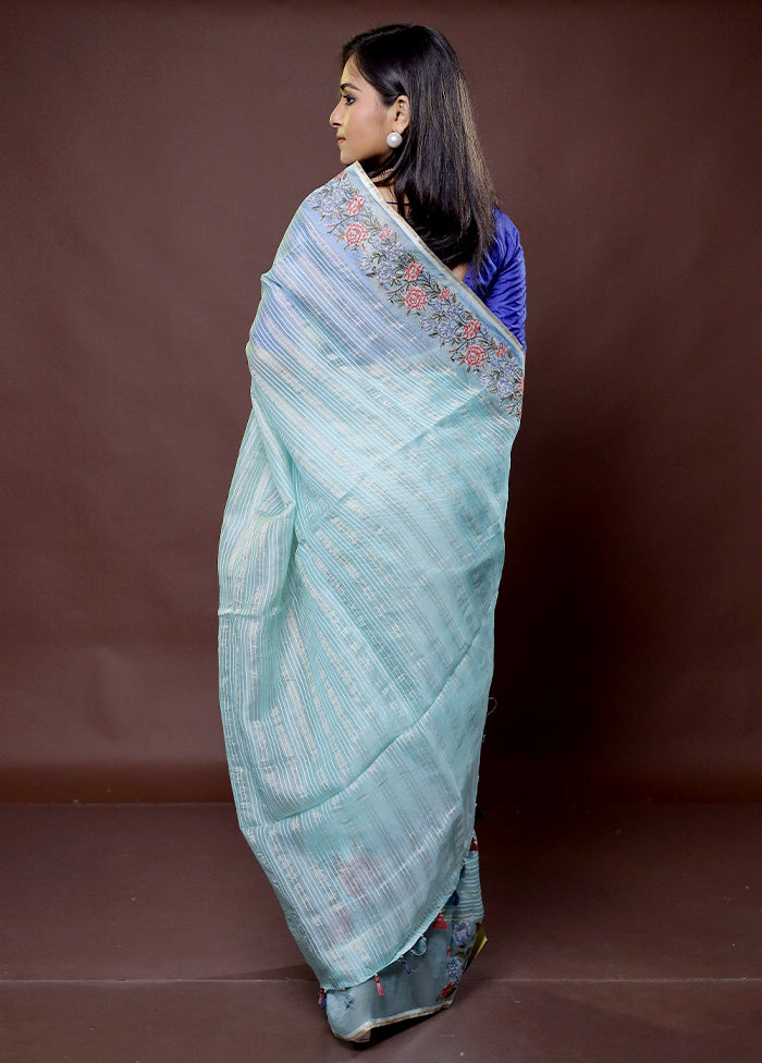 Blue Handloom Pure Organza Saree With Blouse Piece