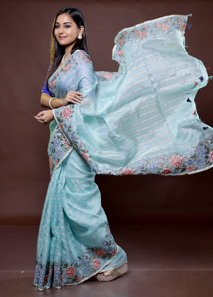 Blue Handloom Pure Organza Saree With Blouse Piece