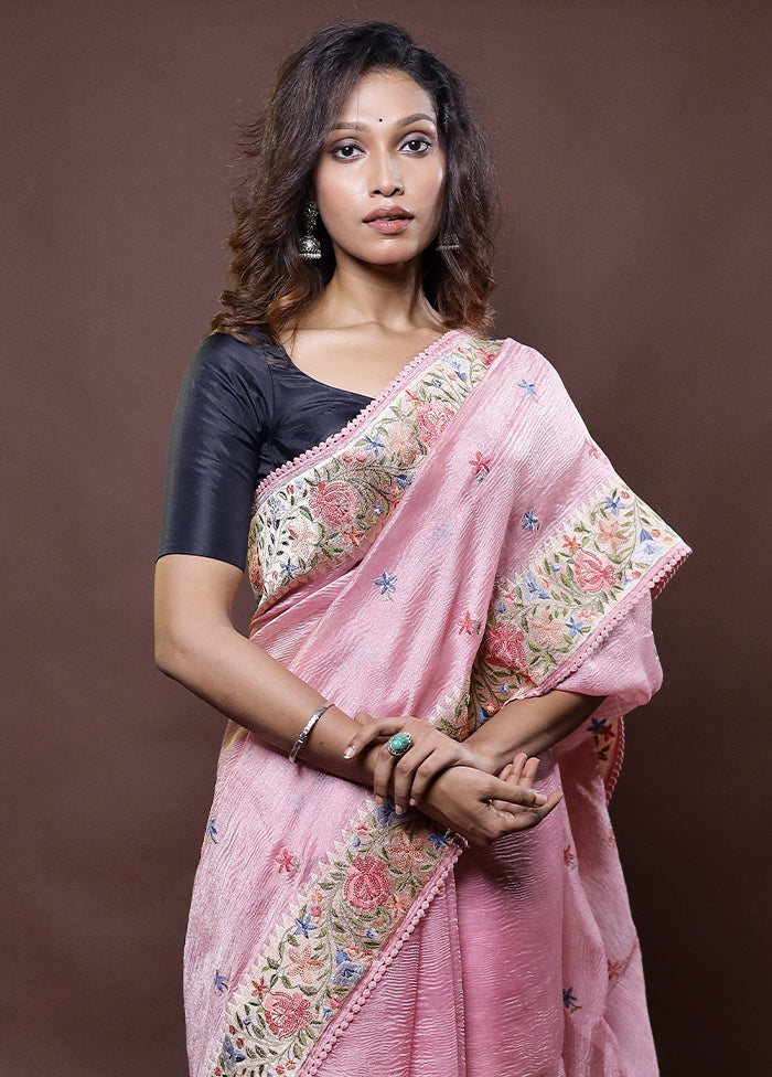 Pink Handloom Tissue Pure Silk Saree With Blouse Piece