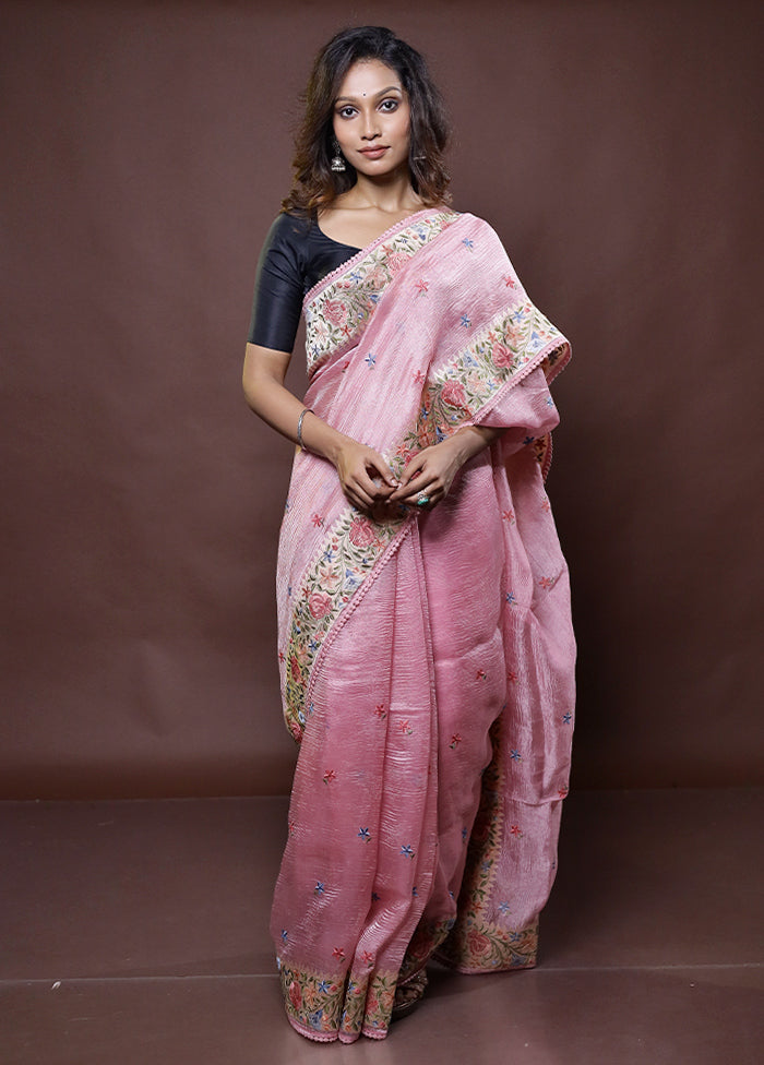 Pink Handloom Tissue Pure Silk Saree With Blouse Piece