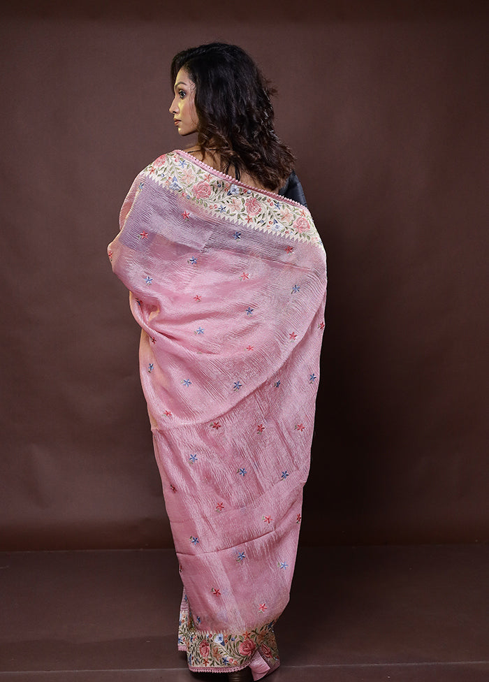 Pink Handloom Tissue Pure Silk Saree With Blouse Piece