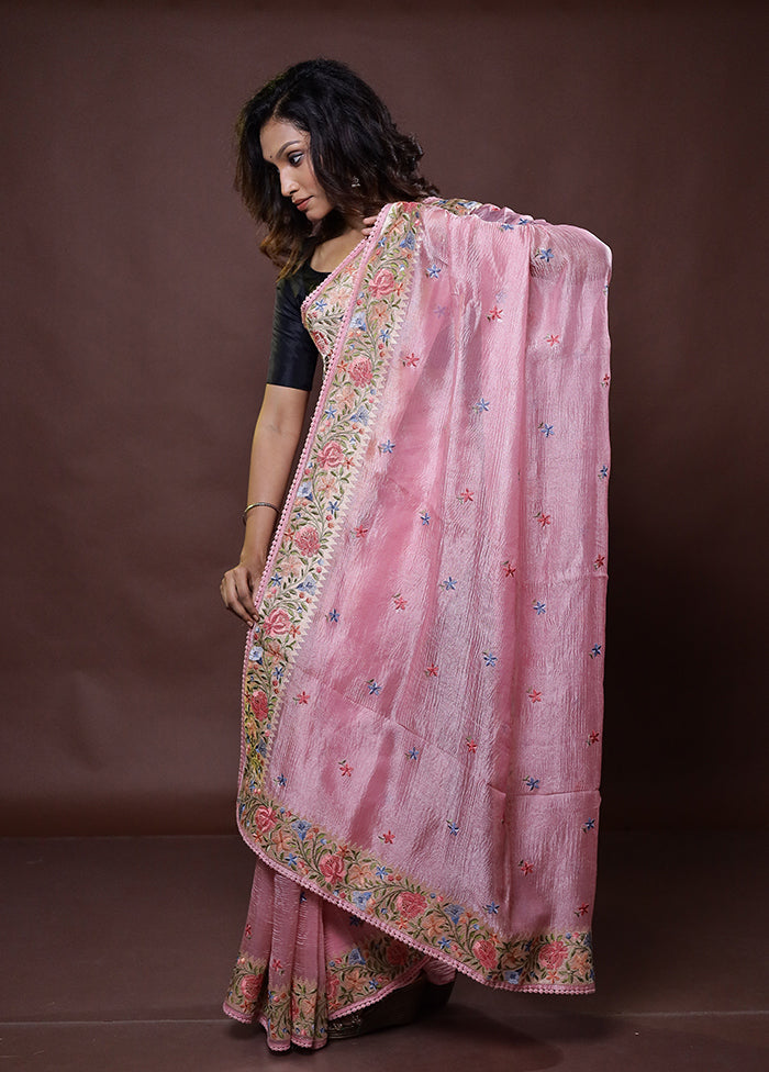 Pink Handloom Tissue Pure Silk Saree With Blouse Piece