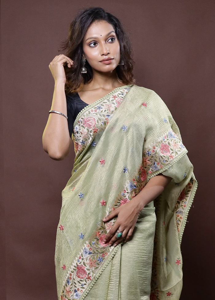 Green Handloom Tissue Pure Silk Saree With Blouse Piece