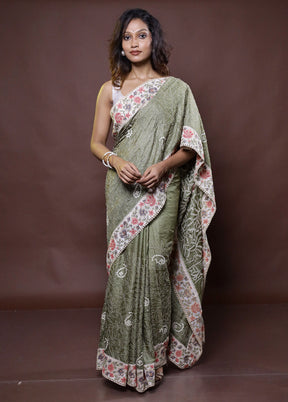 Green Handloom Tussar Pure Silk Saree With Blouse Piece