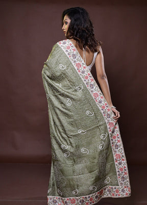 Green Handloom Tussar Pure Silk Saree With Blouse Piece