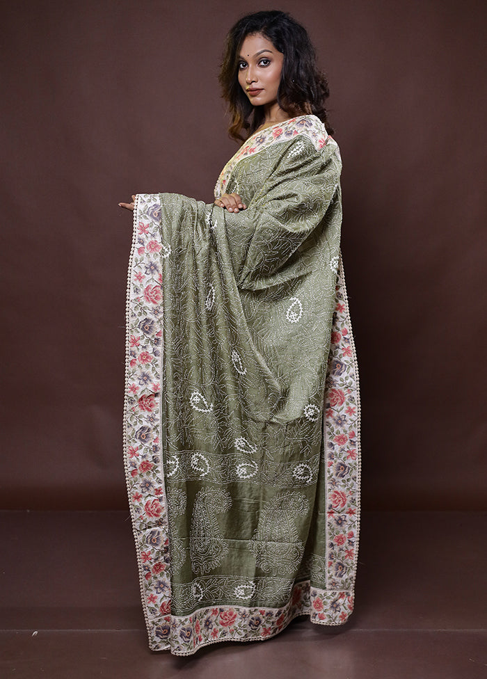 Green Handloom Tussar Pure Silk Saree With Blouse Piece