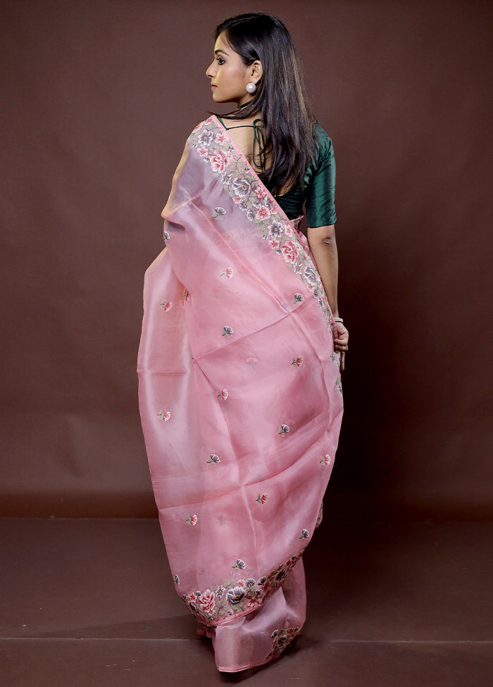 Pink Handloom Pure Organza Saree With Blouse Piece