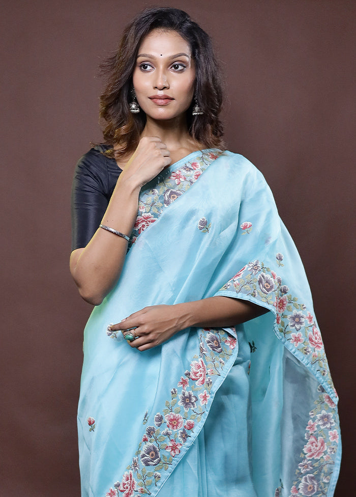 Blue Handloom Pure Organza Saree With Blouse Piece