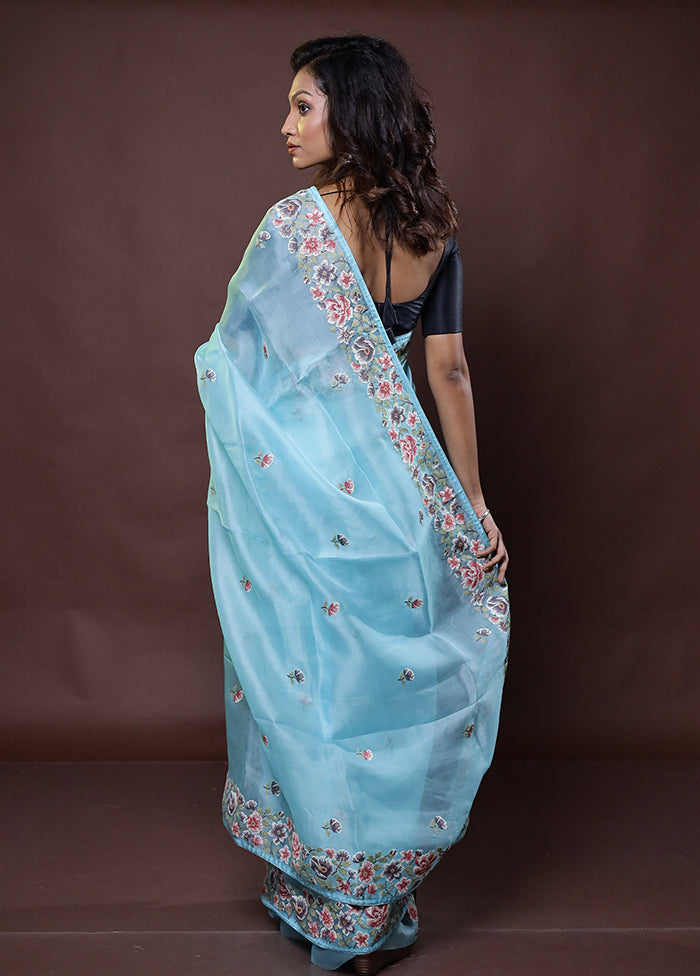 Blue Handloom Pure Organza Saree With Blouse Piece