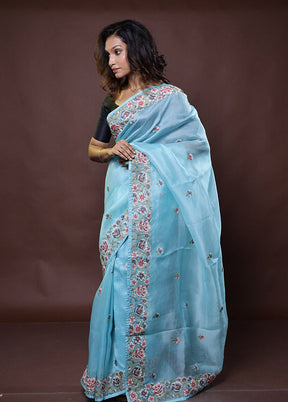 Blue Handloom Pure Organza Saree With Blouse Piece