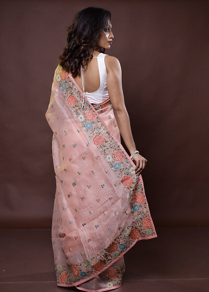 Peach Handloom Pure Organza Saree With Blouse Piece