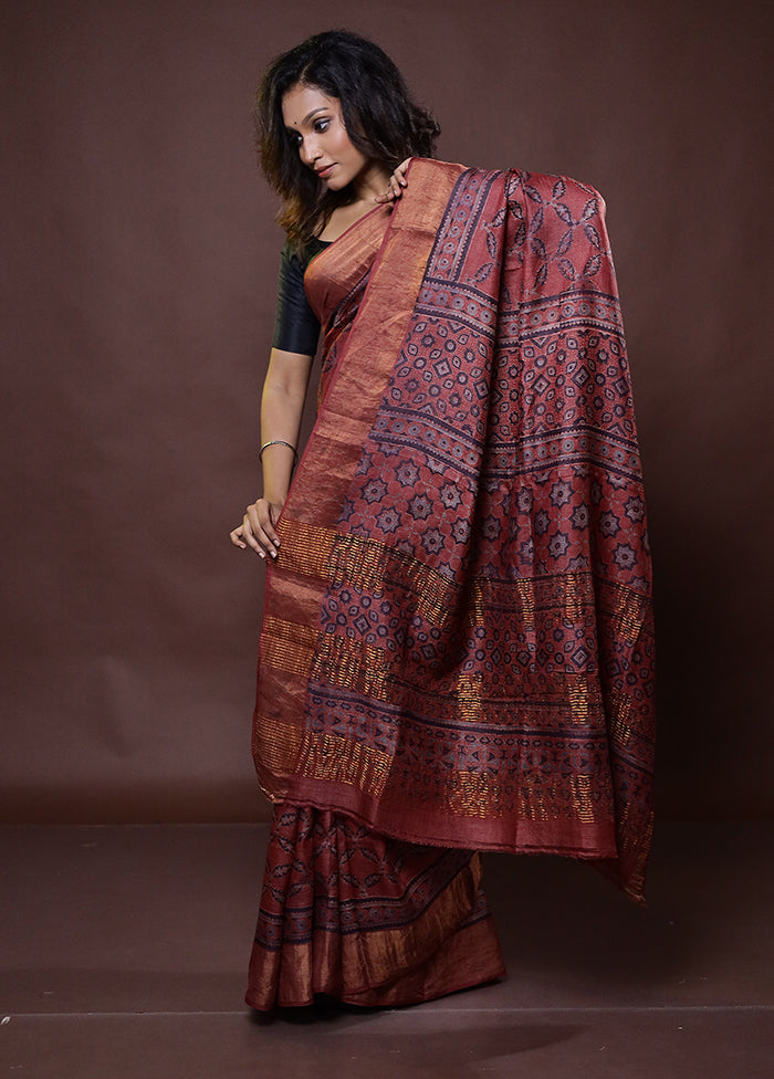 Brown Handloom Tussar Pure Silk Saree With Blouse Piece