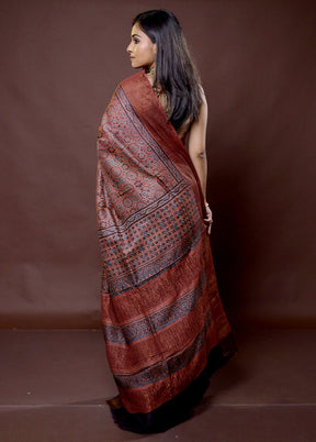 Brown Handloom Tussar Pure Silk Saree With Blouse Piece