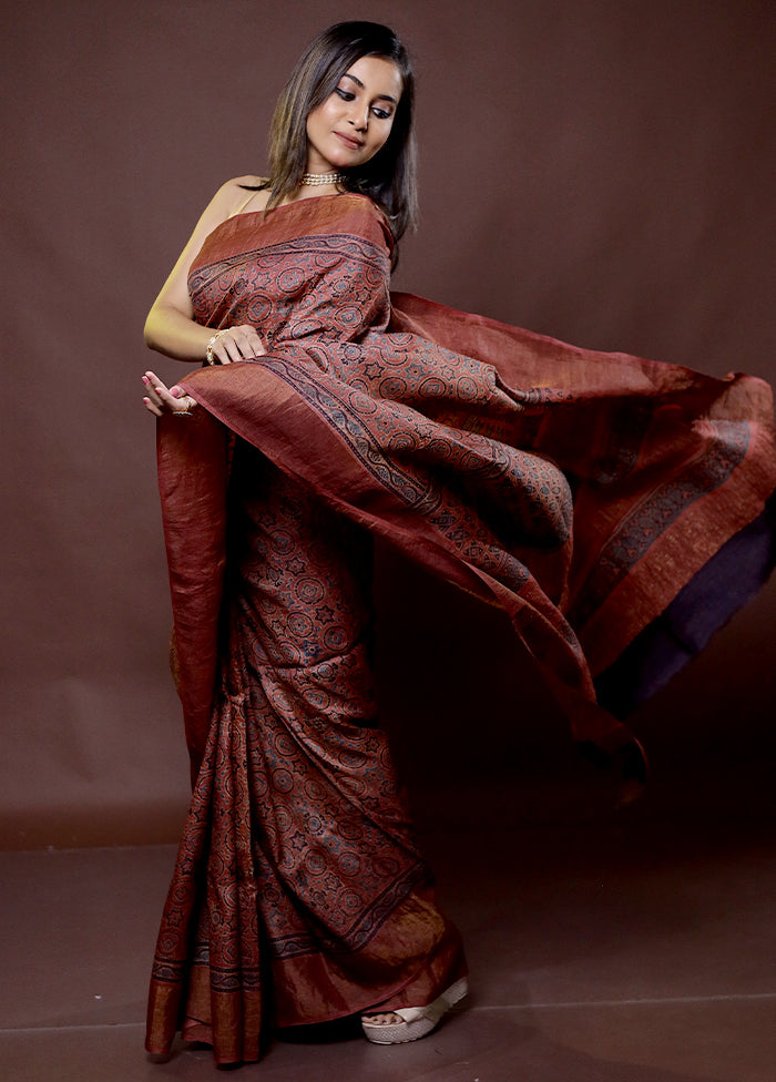 Brown Handloom Tussar Pure Silk Saree With Blouse Piece