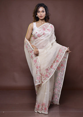 Cream Handloom Pure Organza Saree With Blouse Piece