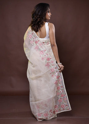 Cream Handloom Pure Organza Saree With Blouse Piece