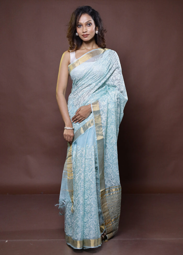 Blue Handloom Pure Kota Cotton Saree With Blouse Piece