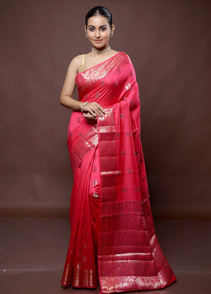 Red Dupion Silk Saree With Blouse Piece