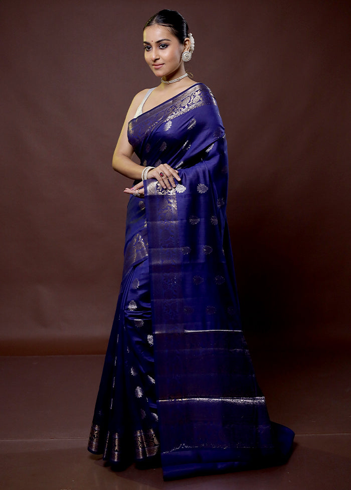 Blue Dupion Silk Saree With Blouse Piece