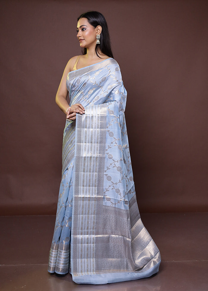 Blue Handloom Dupion Pure Silk Saree With Blouse Piece