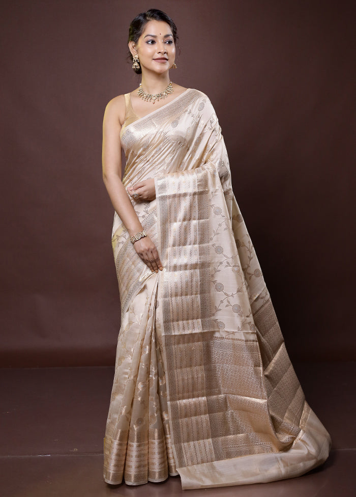 Cream Handloom Dupion Pure Silk Saree With Blouse Piece