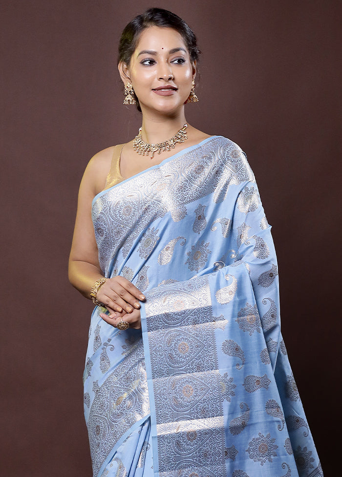 Blue Handloom Dupion Pure Silk Saree With Blouse Piece