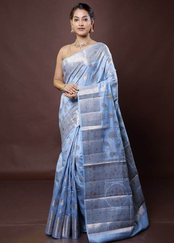 Blue Handloom Dupion Pure Silk Saree With Blouse Piece