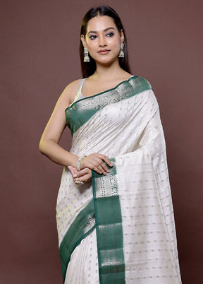 White Handloom Dupion Pure Silk Saree With Blouse Piece