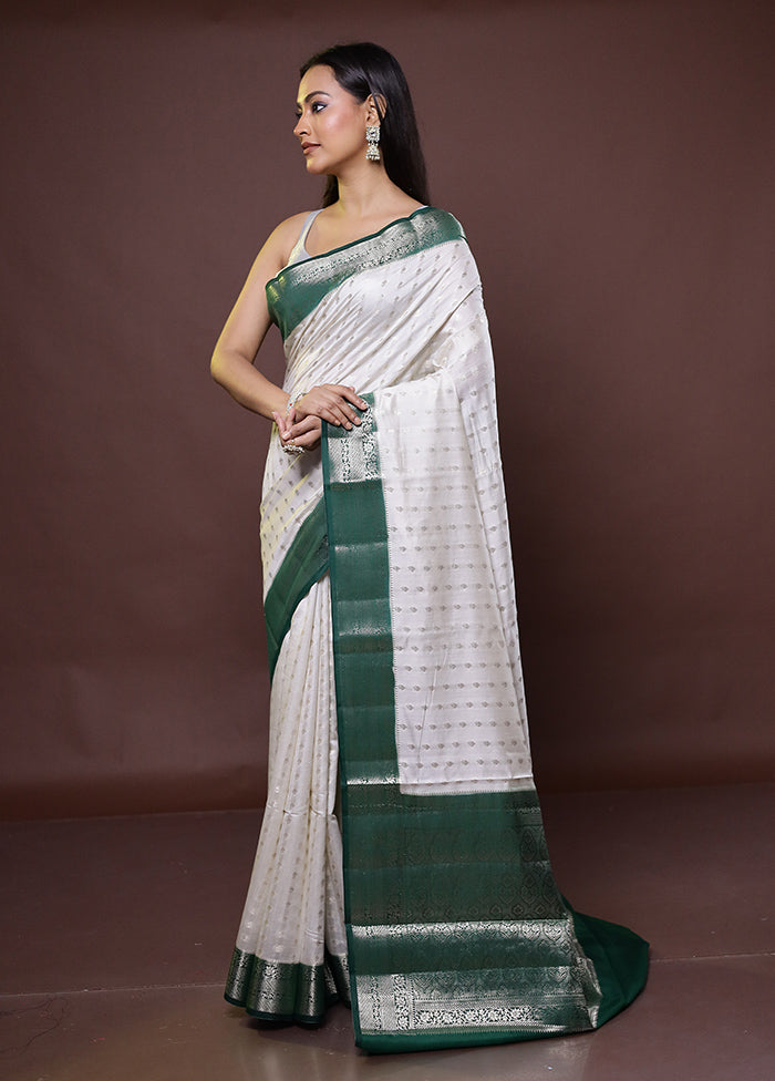 White Handloom Dupion Pure Silk Saree With Blouse Piece