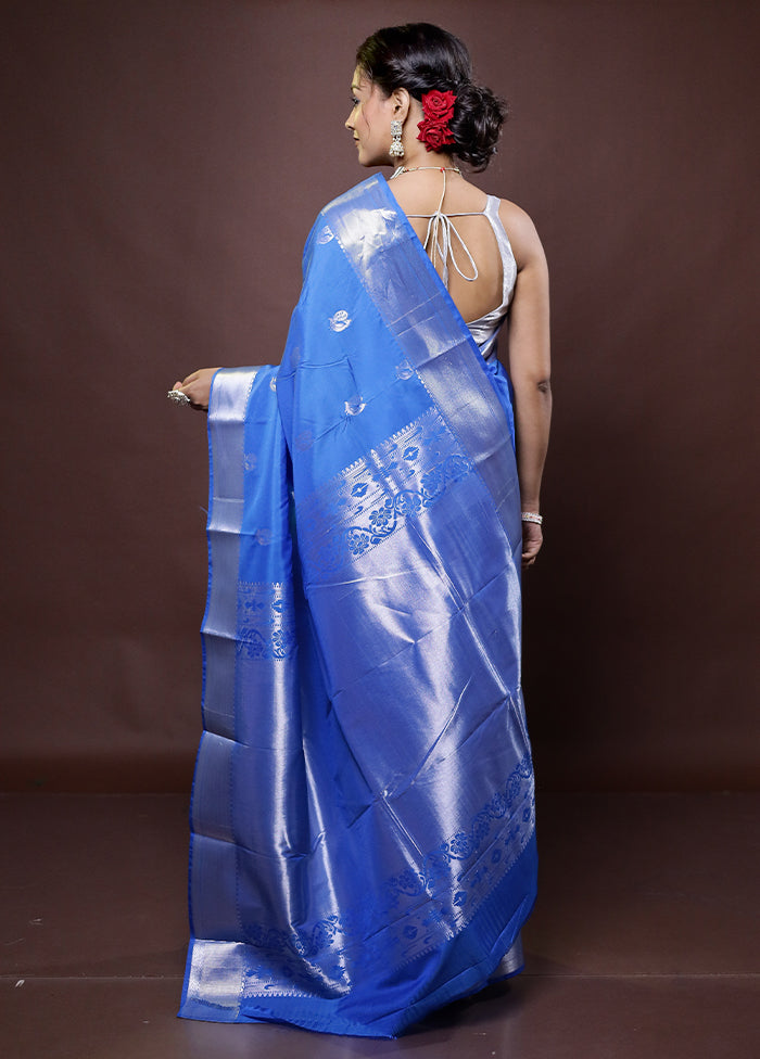 Blue Kanjivaram Silk Saree With Blouse Piece