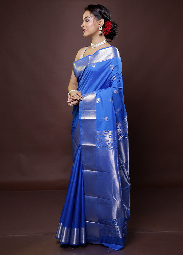 Blue Kanjivaram Silk Saree With Blouse Piece