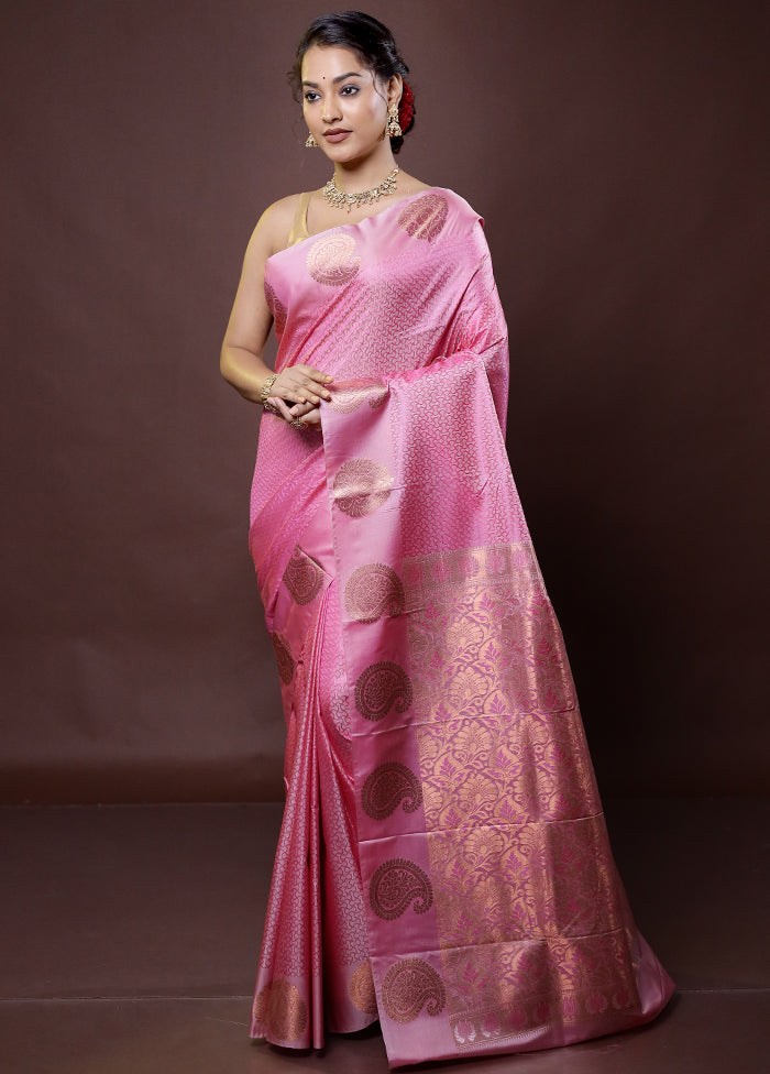 Pink Kanjivaram Silk Saree With Blouse Piece