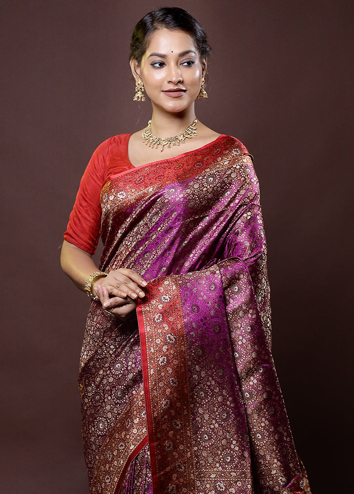 Purple Handloom Jamewar Pure Silk Saree With Blouse Piece