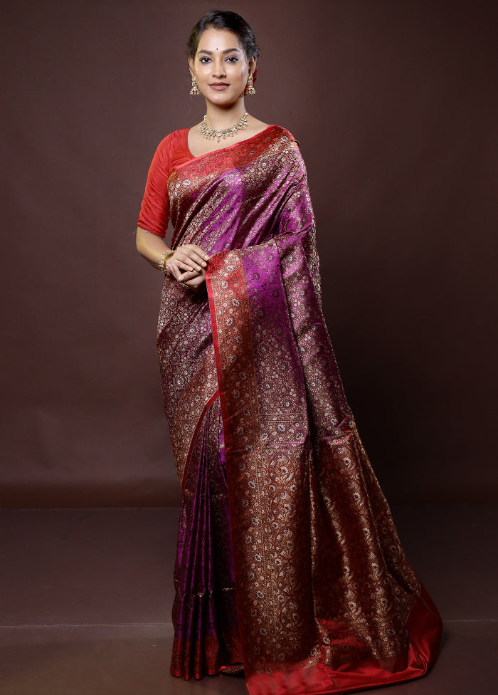 Purple Handloom Jamewar Pure Silk Saree With Blouse Piece